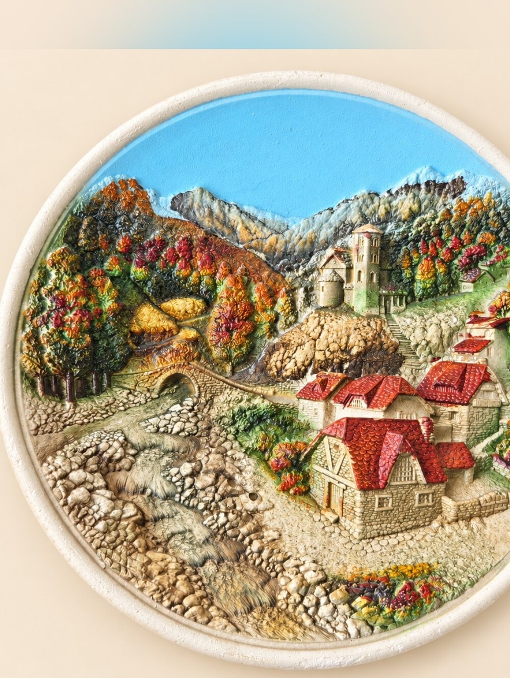 Vintage 3D European Village Wall Plaque Relief Art Stone Cottages Bridge Rustic